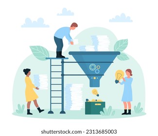 Office paperwork, generator and conversion of creative ideas vector illustration. Cartoon tiny people control funnel with engine, carry of paper documents, data information to light bulb filter