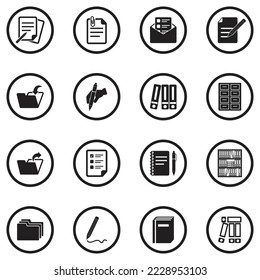 Office And Paperwork Icons. Black Flat Design In Circle. Vector Illustration.