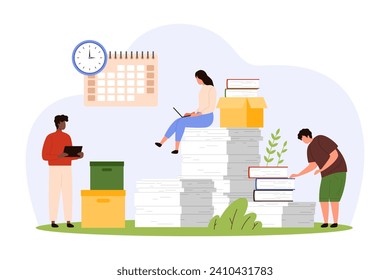 Office paperwork organization and data management. Busy tiny people work with big stack of paper documents on storage and administration of unorganized information cartoon vector illustration