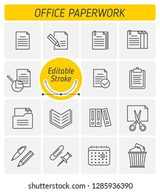 The office paperwork outline icon set. The business documents, files and folders, cutting scissors, paper bin, office supplies and stationery symbols. Thin linear vector icons with editable strokes.