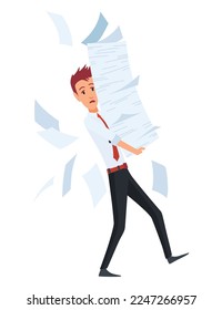 Office paperwork. Office worker with stack of documents. Concept man of office work with stress and overworking. Bureaucracy and overwork