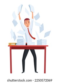 Office paperwork. Office worker with stack of documents. Concept man of office work with stress and overworking. Bureaucracy and overwork