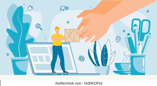 Office Parcels Delivery Online Internet Service Metaphor Advertisement. Tiny Deliveryman Giving Cardboard Box Standing on Laptop. Huge Human Hand Taking Package. Shopping, Buying, Receive Order