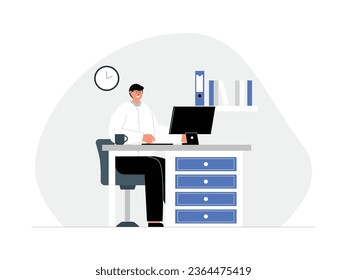 Office part factory worker, young man working in front of computer, vector illustration.