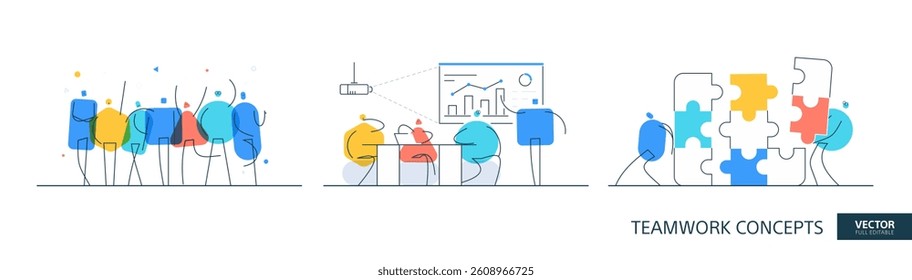 Office partnership illustrations set in thin line style. Cartoon puzzle abstract linear vector design concepts. Happy connection flat icons. Tiny geometric people team