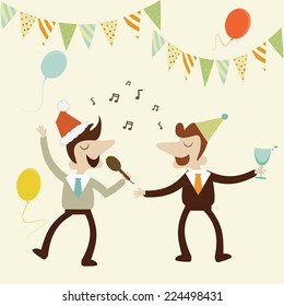 Office Party With Business Man Sing Karaoke Music And Enjoy Drinks.Vector Cartoon Design.