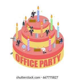 Office party. Cake and managers. Holiday at work. Businessman on feast. Celebration cap and Party horn. air balloon and bottle of alcohol. Manager drunk. Birthday at job