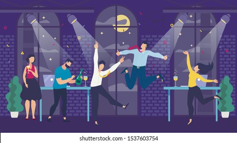 Office Party Celebration. Happy Cartoon Joyful Team. Colleagues Managers Having Fun, Drinking Champagne, Dancing, Jumping. Holiday, Successful business Project Result. Vector Flat Illustration