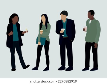Büropartei. Eine Feierlichkeiten in einer Büroumgebung. Eine kleine Gruppe von Leuten, die im Büro Getränke genießen. Firmenevent, Feiertagsparty. Zwei Mädchen und zwei Männer mit alkoholischen Getränken. Vektorgrafik