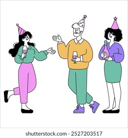 Office party concept. Colleagues celebrating with drinks wearing party hats, enjoying a casual festive gathering. Sociable work environment. Vector illustration.