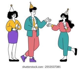 Office party concept. Colleagues celebrating with drinks, donning festive hats in a casual, convivial gathering. Professional celebration, social bonding moment. Vector illustration.