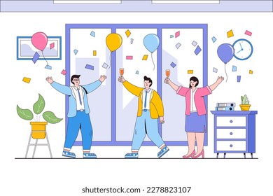 Office party concept. Employees celebrating together and drinking alcoholic beverage. Outline design style minimal vector illustration for landing page, web banner, infographics, hero images.