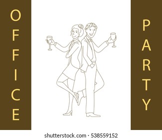 Office party concept, Man and woman in formal suits with wine glasses, Thin line doodle style cartoon vector illustration