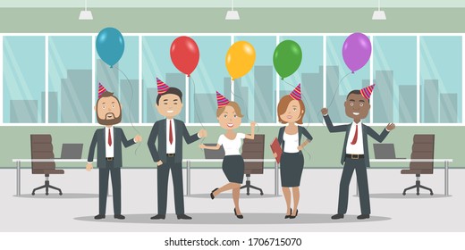 Office party. Employees with balloons. Vector illustration.