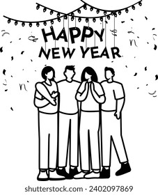 Office Party Employees Having Fun Celebrating Eve concept, Excited girls and guys celebrating vector icon design, 2024 welcome symbol, festive holiday season sign, new year party people scene stock