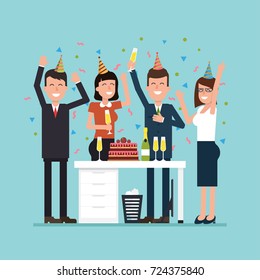 Office party with employees. Vector flat illustration with jubilant workers, confetti, cake, and champagne. Simple concept with the working situation.