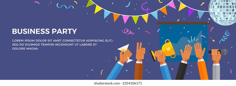 Office party happy people celebrating holidays flat vector landing page template. Corporate event concept. Business people having fun, feast and rejoice together. Successful team building activity