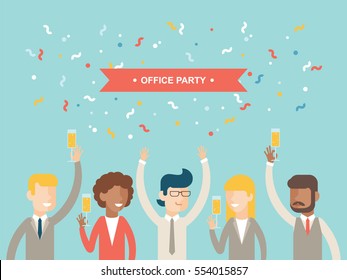 Office party happy people celebrating holidays flat vector greetings card / invitation