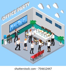 Office party isometric composition on blue background with singing and dancing people, table with snacks vector illustration