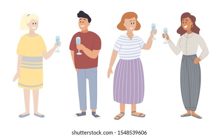 Office party people in casual clothing drinking champagne and celebrating. Workers having fun and hanging out happily. New Year or birthday party. Vector illustration