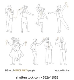 Office party people set, men and women in formal clothes with champagne glasses, singing and dancing, black and gold, vector thin line illustration