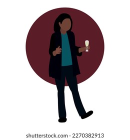 Parte de Office. Una escena de celebración en una oficina. Mujer disfrazada disfrutando de bebidas en la oficina. Evento corporativo, fiesta de vacaciones. Ilustración vectorial de estilo plano sobre fondo de círculo burdeos