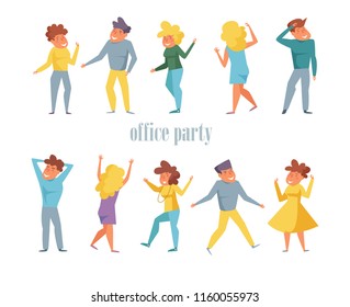 Office party Set with dancing people Vector. Cartoon. Isolated art on white background. Flat