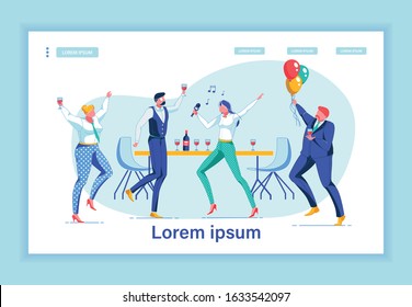 Office Party, Soiree Landing Page Vector Template. Festive Celebration, Corporate Party, Staff Entertainment. Dancing Office Workers Faceless Characters. Personnel Leisure Homepage Layouts Pack