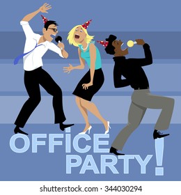 Office party with three coworkers singing karaoke, EPS 8 vector illustration, no transparencies