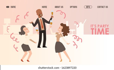 Office party website design, vector illustration. Successful business people celebrating and dancing. Landing page template, corporate event invitation. Man and woman employees having fun at party