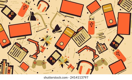Patrón de oficina de muebles de oficina y computadoras de oficina en un fondo beige. Bandera de vectores