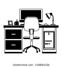 Office with PC on desk in black and white