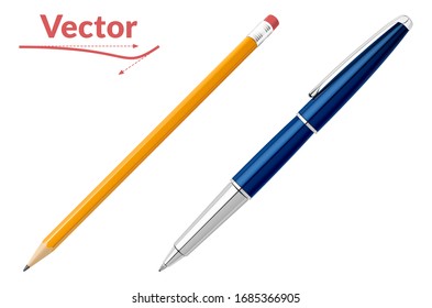 Office pen and pencil stationery in realistic style. Vector illustration.
