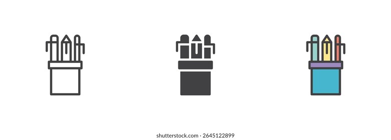 Office pencil holder with pens and pencils icon in line, solid, and filled outline styles. Vector stationery or desktop organization symbol.