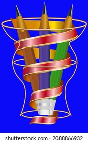 Office pencils of different colors in a decorative bucket. Wrapped in a beautiful ribbon on a blue background.