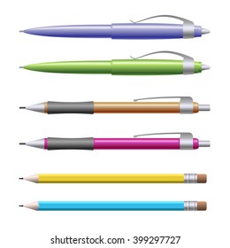 Office pens and pencils collection. Colored vector illustration.