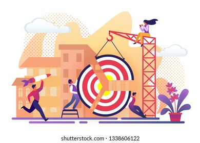 Office People Assembling Huge Target Pieces Using Building Crane on City View Background. Men Working for Business Success. Guy Throw Rocket in Aim. Girl Sit on Top. Cartoon Flat Vector Illustration.