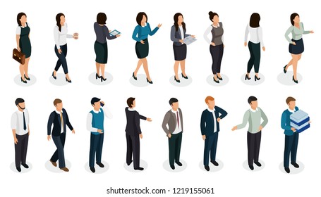 Office people in business clothing in various posture with accessories isometric set isolated vector illustration