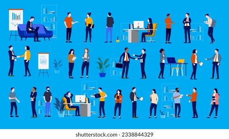 Colección de negocios de gente de oficina - Grandes grupos de empresarios trabajando, hablando, dándole la mano y usando computadoras. Ilustración vectorial de diseño plano con fondo azul