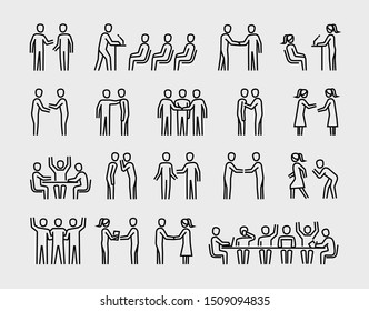 Office People in Business Process, Human Resources and Management, Team Work vector thin line icons set 