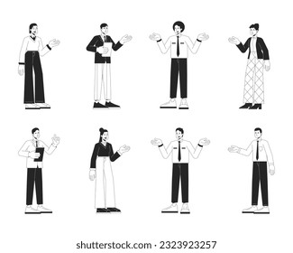 Office people casual flat line black white vector characters set. Editable outline full body people on white. Office workers simple cartoon isolated spot illustration bundle for web graphic design