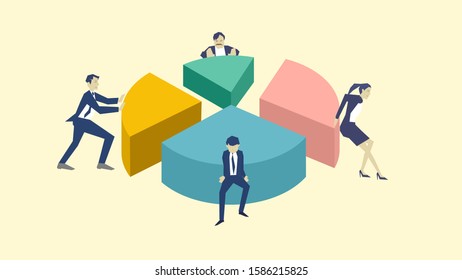 Office people character team work for target Successful with push forward Pie graph concept, business data, statistic data, accounting infographic, highly customizable Digital marketing growing,