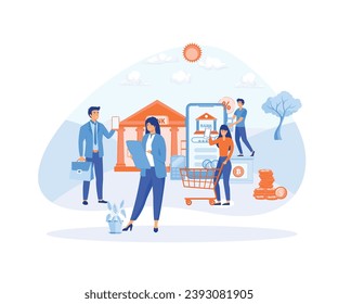 Office people characters use smart phones for internet mobile payments, transfers and deposits. flat vector modern illustration 