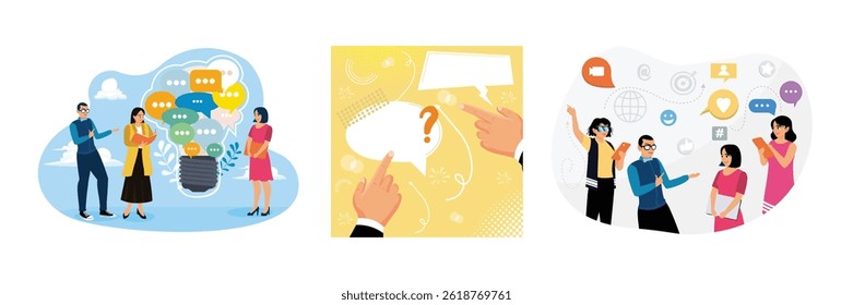 Pessoas de escritório conversando e discutindo ideias de negócios com balões de fala. Conceito de comunicação comercial. O grupo de trabalhadores está tendo uma reunião on-line. Defina a ilustração vetorial plana.