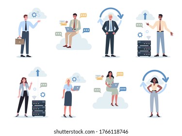 Office People And The Cloud Technology. Data Information Exchange, Cloud Technology Concept. Idea Of Modern Digital Technology And Information Protection. Vector Flat Illustration