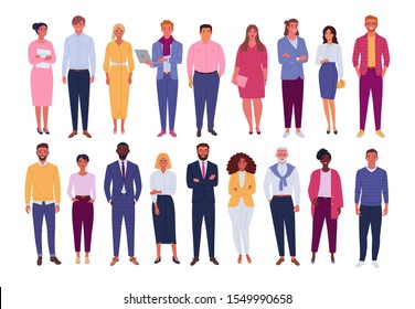 Office People Collection. Vector Illustration Of Diverse Cartoon Standing Men And Women Of Various Races, Ages And Body Type. Isolated On White.