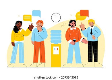 Office people communication. Employees talk near cooler during work break. Men and women converse. Standing persons with discussion speech bubbles. Colleagues gossip. Vector concept