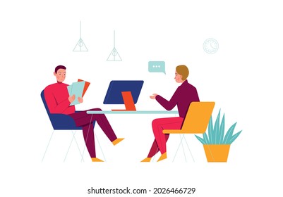 Office people composition with two coworkers sitting at table with computer and paperwork vector illustration
