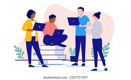 Office people with computers - Team of characters standing together working with laptops. Flat design vector illustration with white background