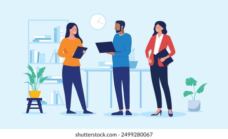 Office people with computers - Team of three business people standing holding laptops in hand talking and discussing work and project while smiling. Flat design vector illustration on blue background